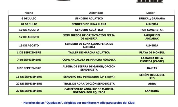 CALENDARIO DE ACTIVIDADES JULIO/AGOSTO Y SEPTIEMBRE 2024